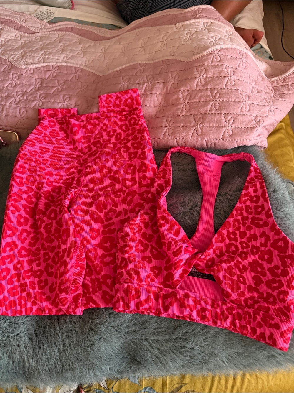 Beach Riot Neon Pink Leopard Ribbed Sports Bralette and Skirt Set